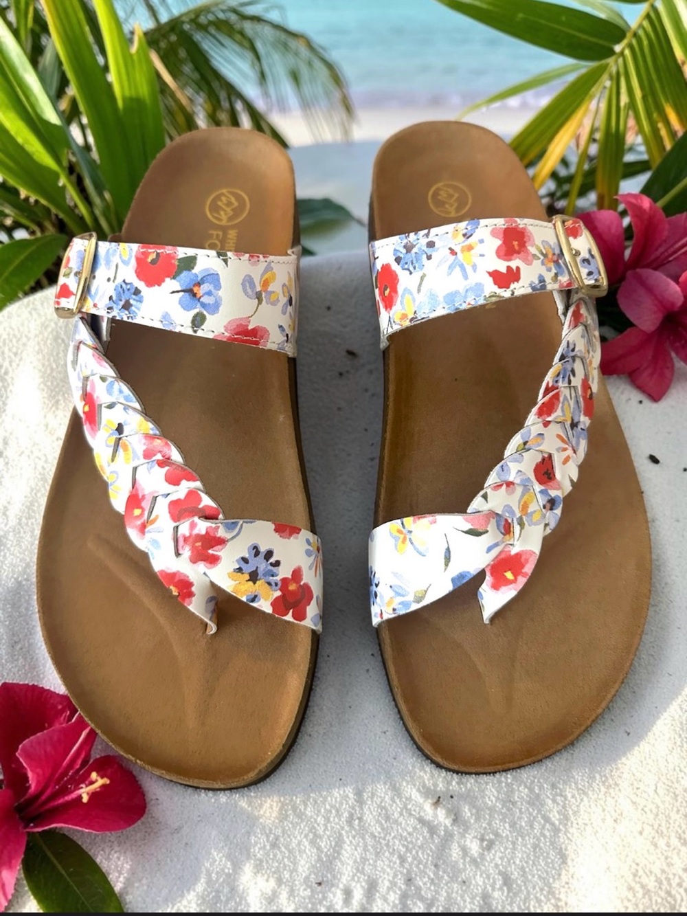 White Mountain Happier Floral Leather Footbed Sandals Size 9 Comfort Slides NEW - Picture 14 of 15